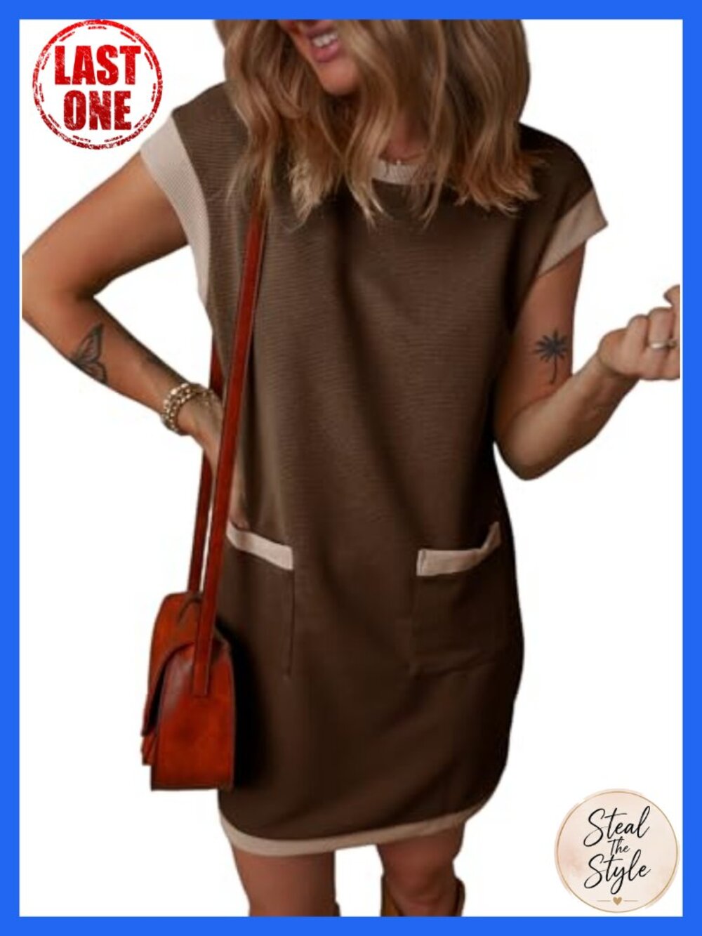 Women's Casual Color Block Cap Sleeve Crewneck Shift Mini Tshirt Dress
